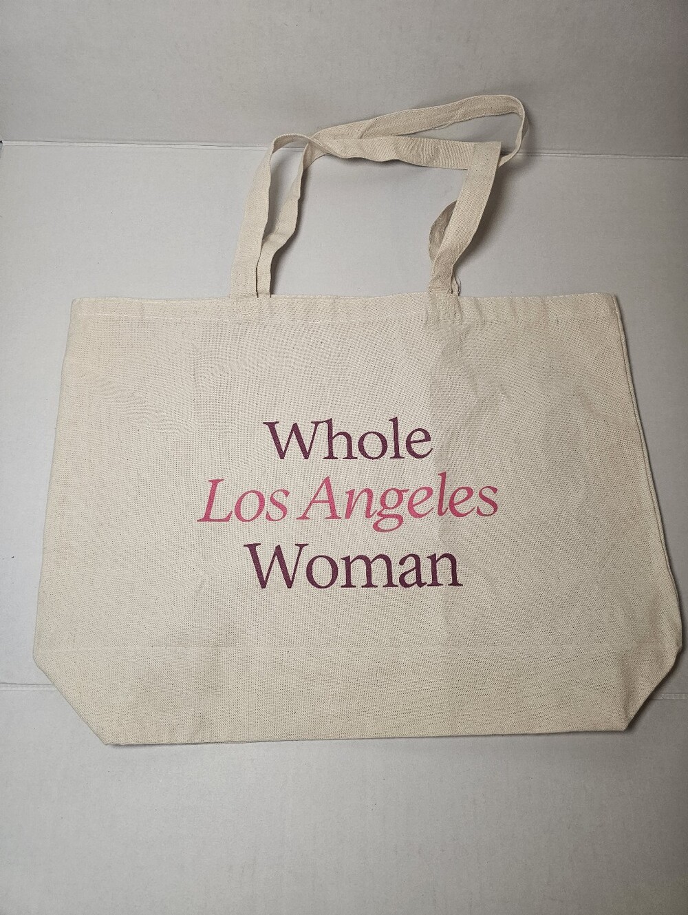 Whole Los Angeles Woman Canvas Tote Bag Natural with Pink & Burgundy Print